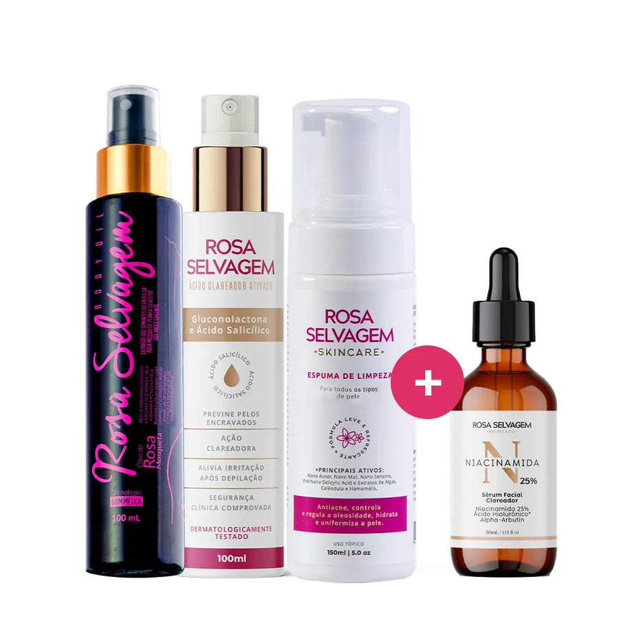 Kit Skincare: Ácido Clareador + Espuma de Limpeza+ Sérum Niacinamida 25% + Óleo Clareador